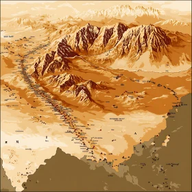 Sepia-Toned Mountainous Region Map