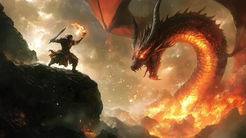 Warrior Facing Dragon in Fiery Landscape