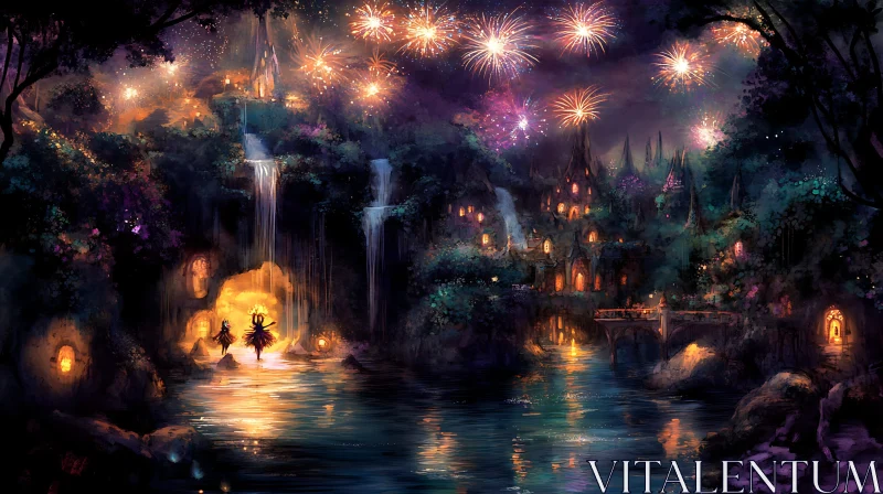 Elven Dancers and Waterfall Fireworks AI Image