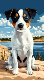 Cute Puppy Sitting by the Lake