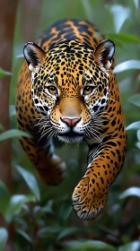 Fierce Jaguar Leaping Through Jungle