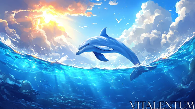 Oceanic Dolphin and Sunlit Waves AI Image