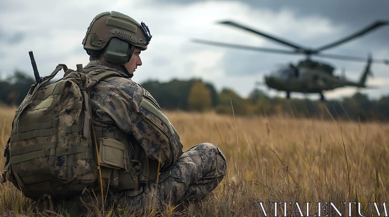 Military Personnel in Field with Aircraft AI Image