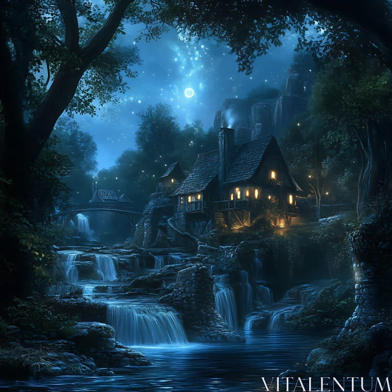 Moonlit Cottage Waterfall Serenity AI Image