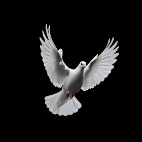 White Dove Soaring on Black Background