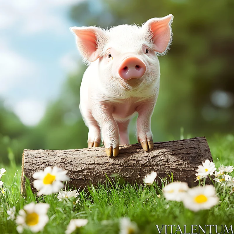 Charming Piglet Posing on a Log in Nature AI Image