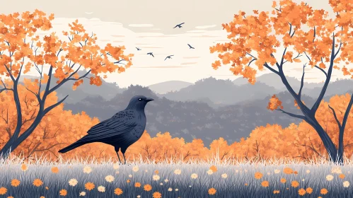 Fall Scene with Bird and Orange Trees