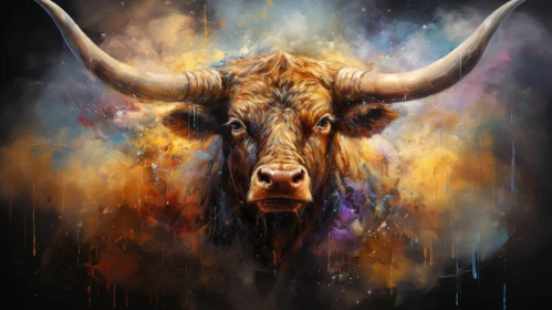 Bull Face Oil Painting with Colorful Splatters - A Blend of Fantasy and Realism