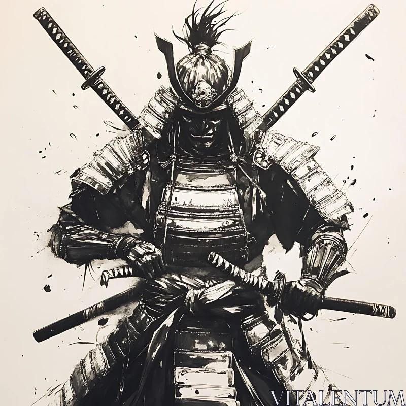 AI ART Monochrome Samurai Warrior with Dual Katanas