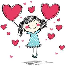Whimsical Cartoon Girl Hearts Balloons