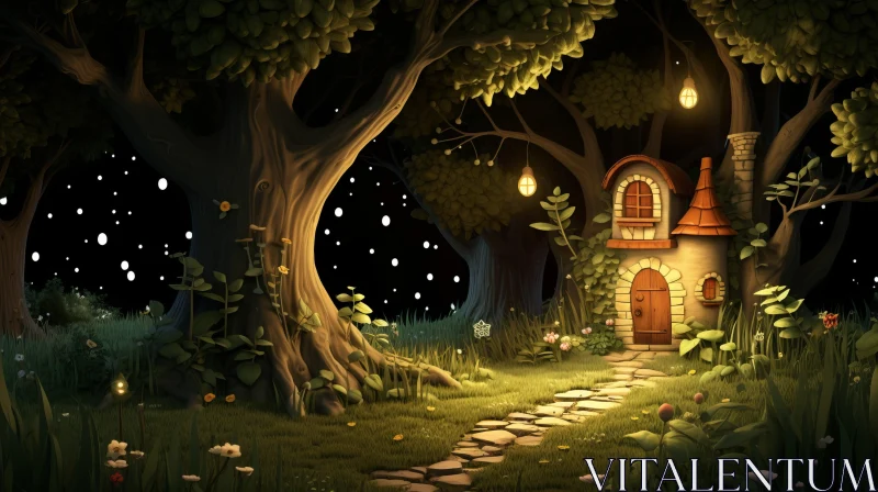 Cartoon-Realistic Fairy House in Nighttime Forest AI Image