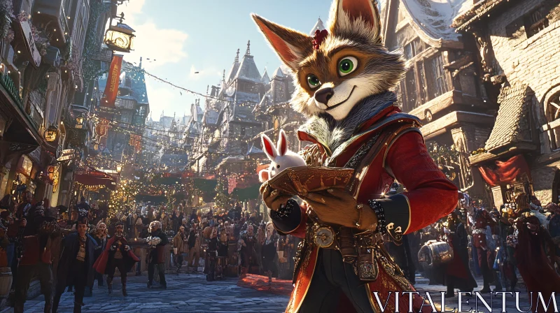 Regal Fox with Rabbit in Crowded Town AI Image