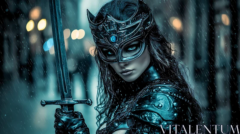 AI ART Female Warrior in Mask with Sword