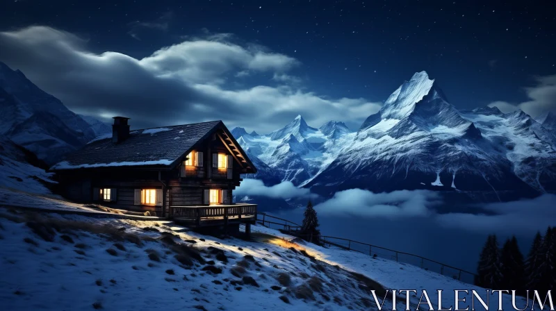 Cozy Cabin in Snowy Mountains: Dreamlike Evening Landscape AI Image