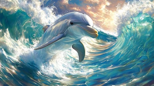 Dolphin in Ocean Waves at Sunset