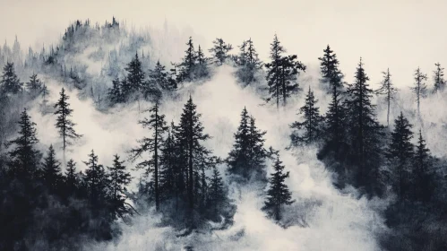 Misty Forest with Towering Evergreens