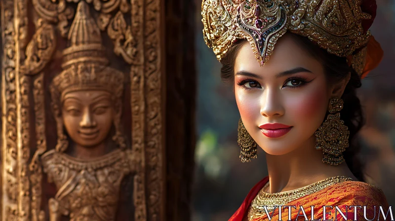 AI ART Ornate Headdress Woman Beside Stone Figure