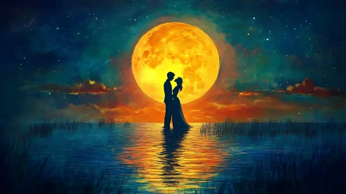 Lovers' Moonlit Encounter by the Lake