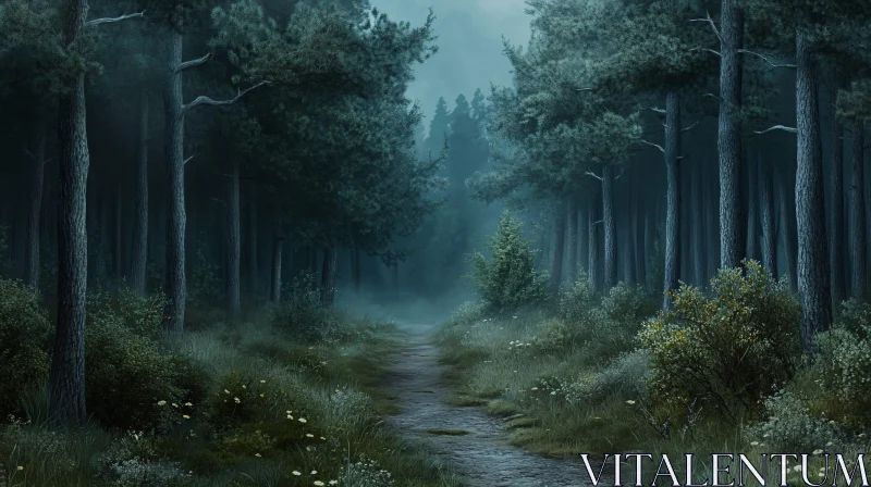 AI ART Mystical Forest Trail Enveloped in Haze