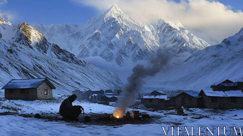 AI ART Mountain Village Fire in Winter