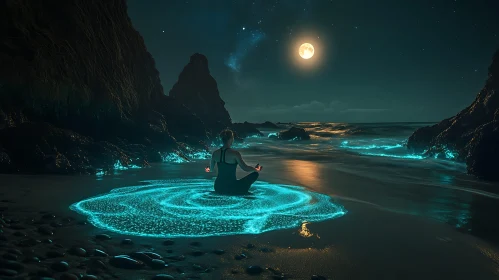 Woman Meditating Under Moonlight by the Sea