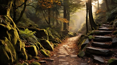 Enchanting Woodland Path: A Journey through Sunlit Rocks and Stones
