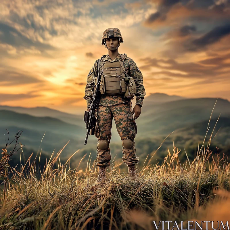 AI ART Sunset Guard: Soldier in Camouflage