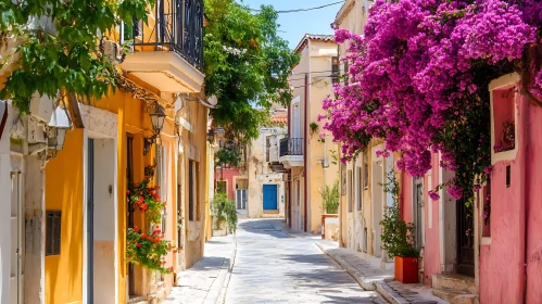 Colorful European Street Scene with Flowers