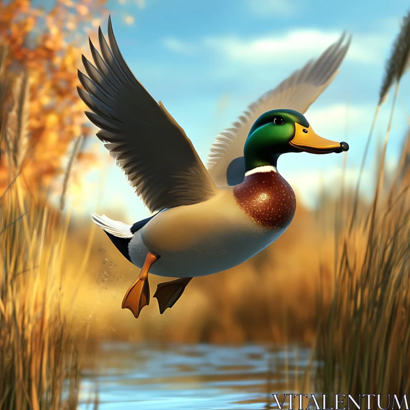 AI ART Mallard Duck Flying Above the Lake