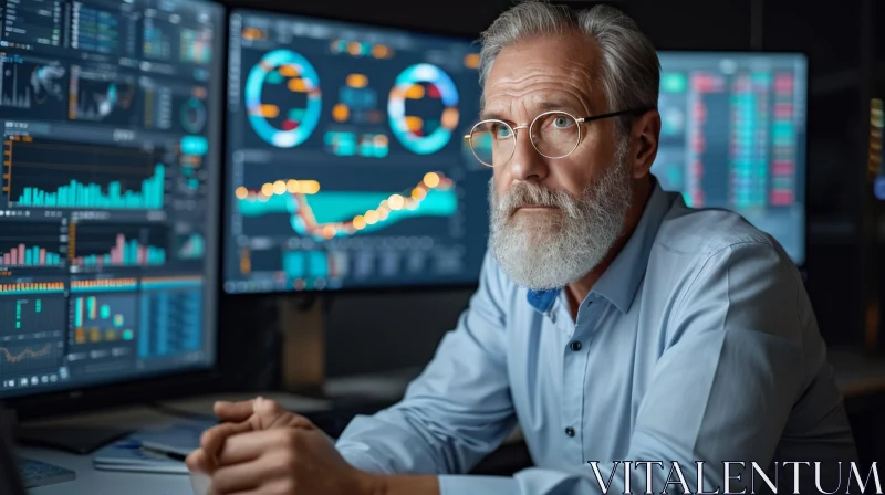 Intense Analysis of Financial Data by Elderly Man with Beard AI Image