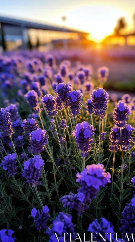 Lavender Field at Sunset: A Study in Cyan and Blue AI Image