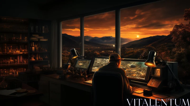 Mesmerizing Sunset: A Man at His Computer Desk | Photo-Realistic Landscapes AI Image