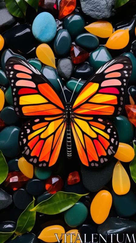 Monarch Butterfly on Colorful Pebbles - Stained Glass Effect AI Image