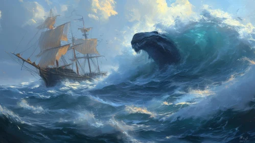 Sea Monster Attacking Ship - Dark and Dramatic Digital Painting