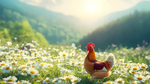 Chicken in Sunlit Daisy Field