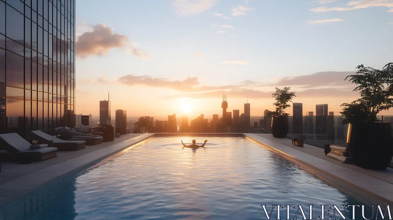 Relaxing Rooftop Pool at Sunset with City View AI Image