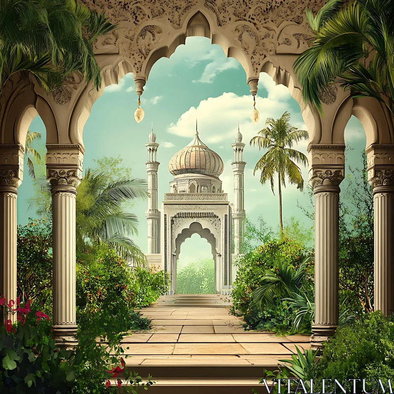 Tranquil Mosque Garden Scene AI Image