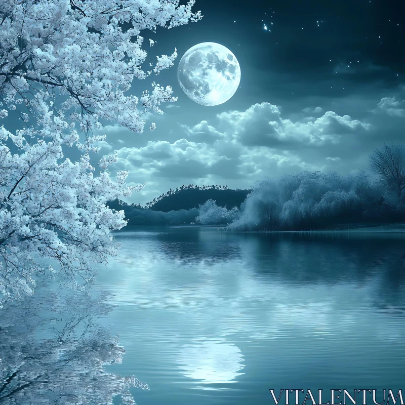 Serene Night Scene with Moonlit Lake AI Image