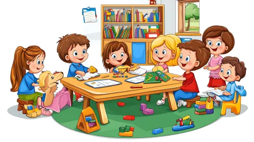 Kids Learning Together Cartoon Art