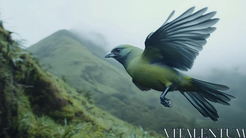 Green Bird Flying in Mountain Landscape AI Image