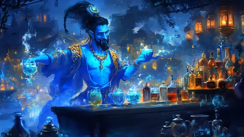 Blue Genie Bartender Conjuring Drinks