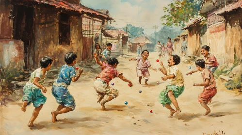 Kids Marble Game in Village Painting