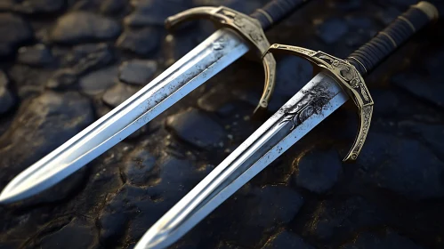 Swords with Golden Hilt on Stone