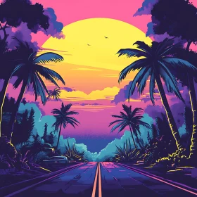 Tropical Sunset Road with Palm Trees