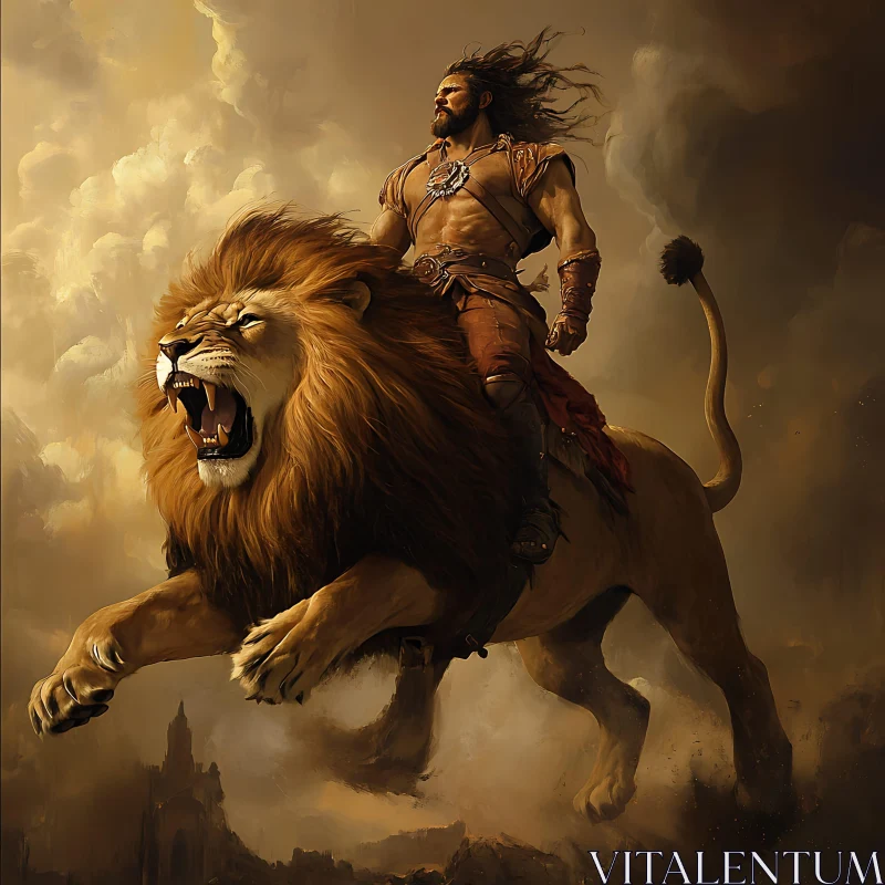 AI ART Warrior and Lion: A Scene of Power