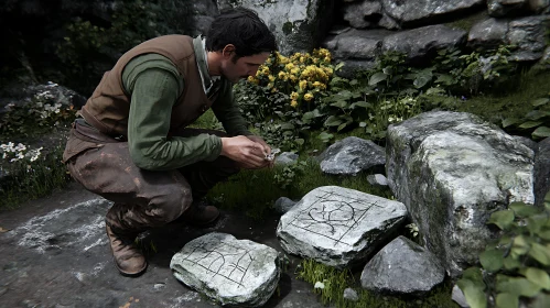 Man Deciphering Runes on Stones