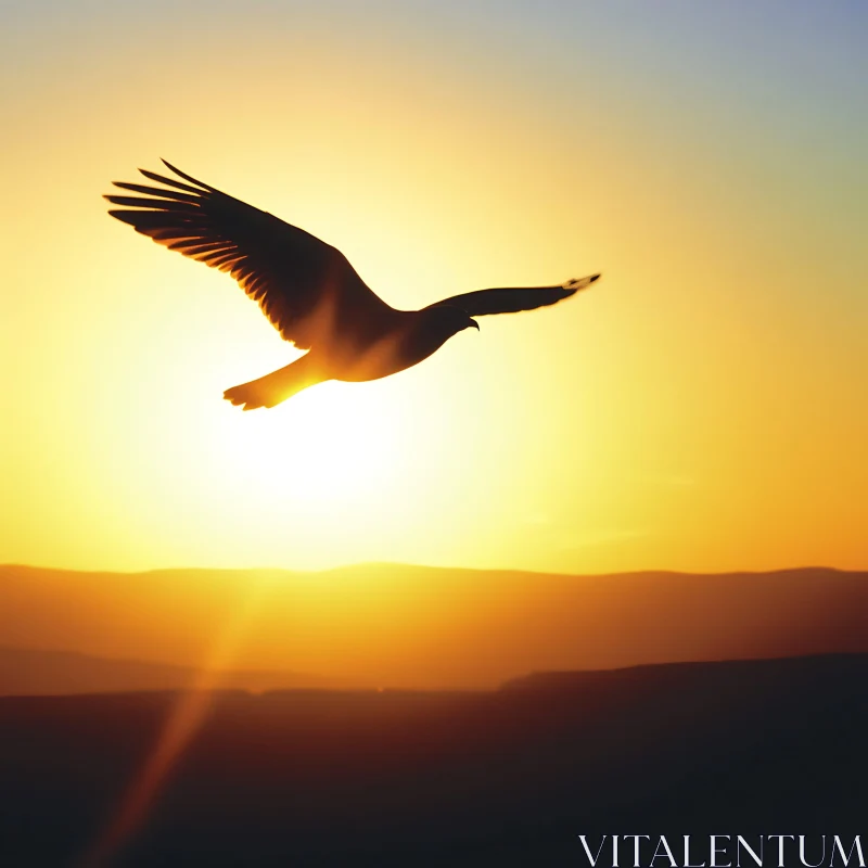 Silhouette of Bird Flying at Sunset AI Image