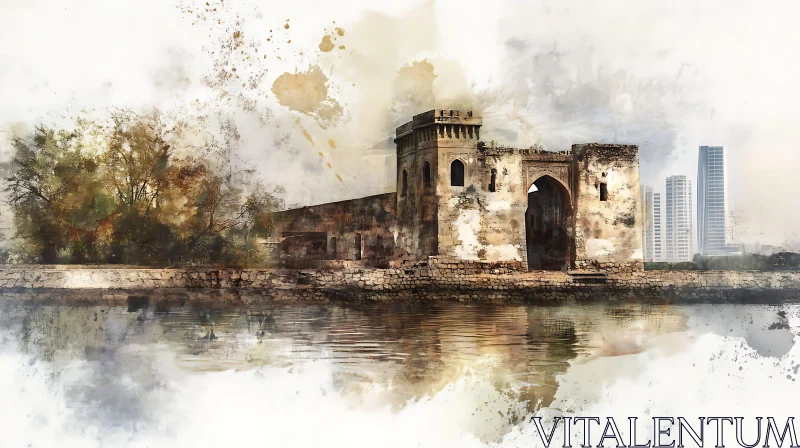 AI ART Watercolor Ruins by the Water