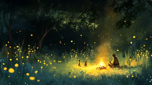 Night Campfire in the Woods