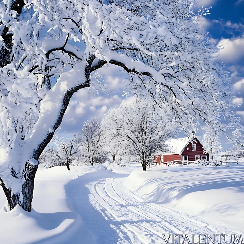 Serene Snow-Covered Landscape with Red House AI Image